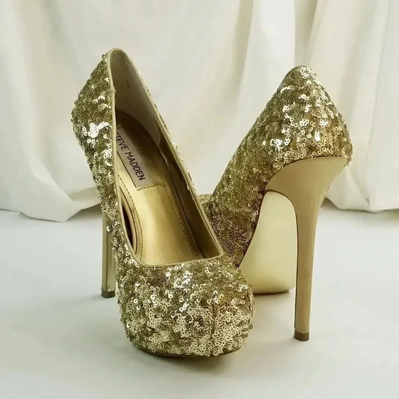Steve Madden Size 6.5M Bitter Platform Gold Sequin Stiletto Heel Women's Pumps - Picture 6 of 12